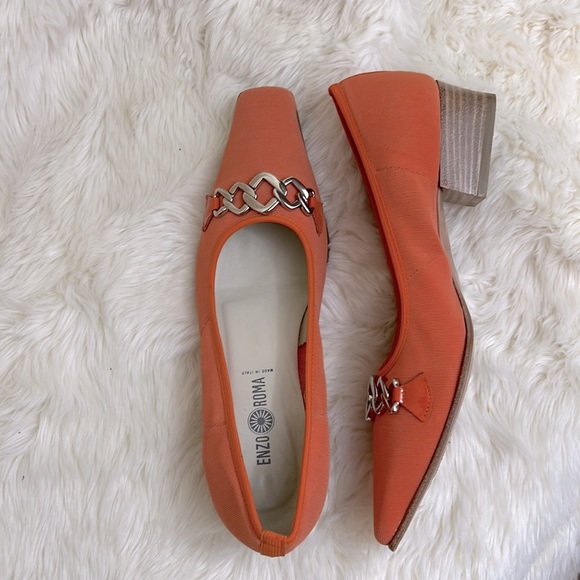 Enzo Roma orange mesh stacked wood block heel chain detail size 6 narrow - Picture 1 of 5